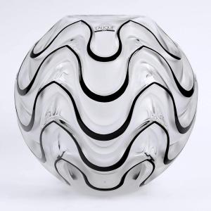2006 Lalique France -vase Boule Vibration Crystal With Black Enamel Glass - New - 295/999