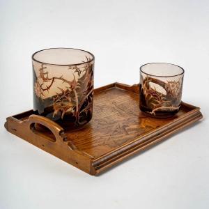 Emile Gallé - Smoker Set  Enameled Topaz Glass 3 Pieces - Thistles