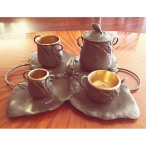 Art Nouveau Perfume Set In Pewter And Brass, With Water Lilies, Signed E. Frères