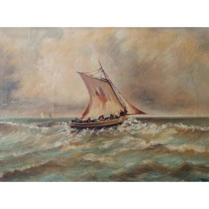 Joseph Izarie-rivière – Marine Scene, Sailboat In Rough Seas – Oil On Canvas, 48 × 71 Cm