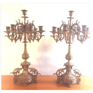 Pair Of 7-light Gilded Bronze Candelabras, Louis XVI Style, Napoleon III Era