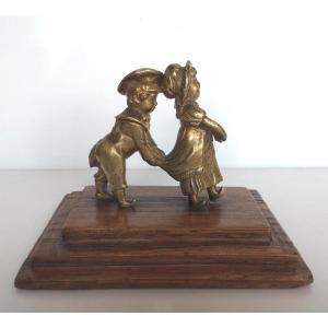 Small Romantic Bronze Sculpture - 2 Children Playing - Restoration/louis-philippe Period