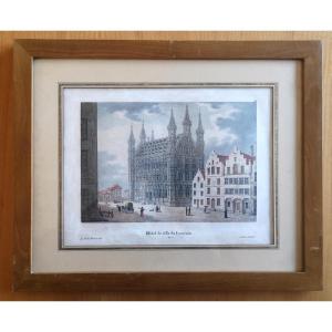 19th Century Lithograph Of The Louvain Town Hall, Watercolored By Madou, De Howen, And Jobard, 1830