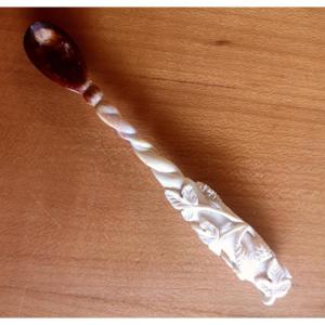19th Century Mustard Spoon Carved With Ivory Hop Vine Decoration