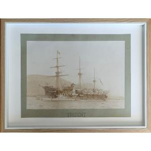 Original Albumen Photograph French Battleship Trident Late 19th Century 20 X 28