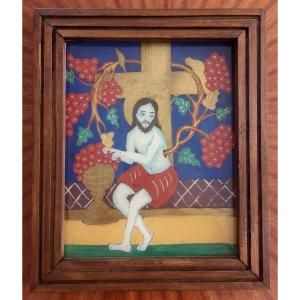 Fixed Under Glass Mid 19th Century The Tree Of Life Springing From The Side Of Christ - Popular Orthodoxy - 