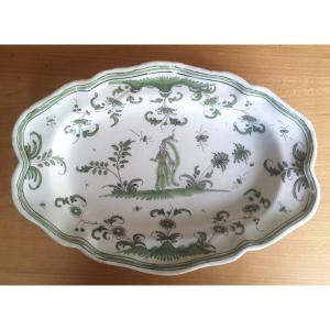 Moustiers - Oval Scalloped Platter, 18th Century - Woman In A Garden - Green And Manganese Monochrome