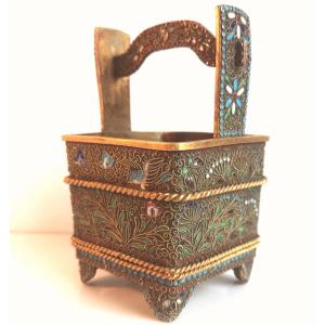 Russian Gilt Copper Kovsh, Cloisonné Enamels On Filigree — Late 19th Century, Decorated With Birds And Butterflies