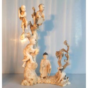 Japan, Meiji Period - Signed Carved Ivory Okimono - Karako Children Playing In A Tree