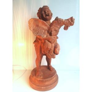 Adriano Cecioni 1836–1886 -bambino Col Gallo - Bozzetto Original In Patinated Raw Earth, Signed