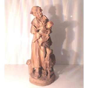 Original Terracotta Group Signed G. Vaccaro (caltagirone, 1793–1889) – Mother And Child 