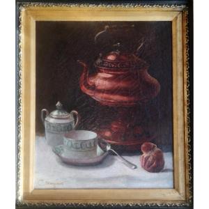 Charles Monginot – Still Life “tea Time”, Fantin-latour Style, Chiaroscuro, 19th Century