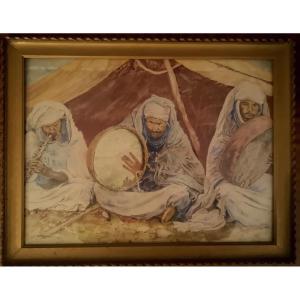 Orientalist Watercolor, Late 19th Century - Bedouin Musicians - Maghreb