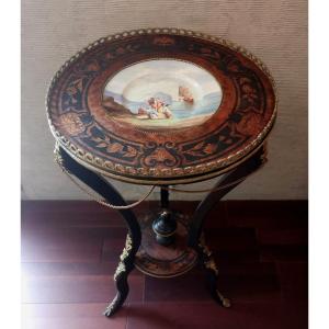 Napoleon III Tripod Pedestal Table In Ebonized Wood, Floral Marquetry, Chased Bronzes And Porcelain