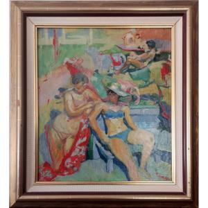 Pierre Cornu - Fauvism - Sunbathing At Sables-d'or - Oil On Cardboard ~ 1955 