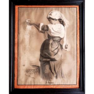 The Winnowing Machine - Large 19th-century Drawing - Chalk And Charcoal - Realist School