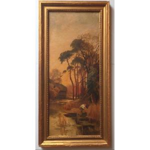 Naturalistic Landscape, Post-barbizon Style, Late 19th Century – Lively Riverbank – Signed E. Vidal