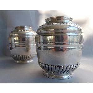 Pair Of Antique Louis XVI Inkwells In Silver Plating With Gadrooned Decoration, 18th Century