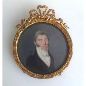 Miniature On Ivory - Portrait Of A Man, Empire Style, C. 1800 - Antique Gilt Bronze Frame