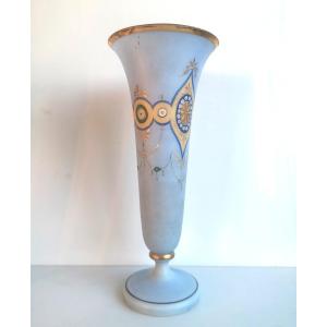 Tulip Vase, Restoration Period, 1820 - Opaline Crystal, Lavender Blue, Blown Glass, Geometric Enamel Decoration