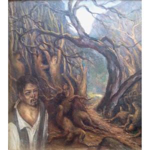 Surrealism, Symbolist Art. Fantastic Forest, Spectral Human Forms