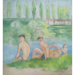 Alfred Gaspart (1900-1993) - Young Bathers By The Water Oil On Canvas - 60 × 55 Cm