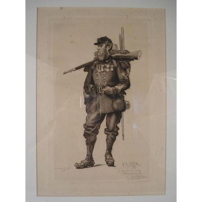 De Neuville Lithography "soldier" By 1877 Oberlin With Dedication To Oudry