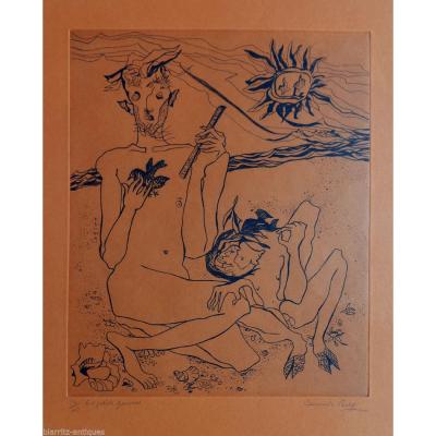 Camille Berg (born In 1904). "the Little Faun." Etching Of Color Of Paper