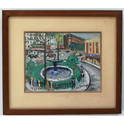 Lucien Genin . Gouache "paris Place Pigalle" 20.5 X 27 Cm Certificat