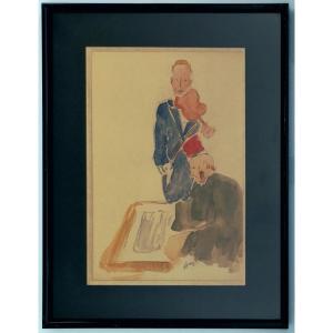 Edmond Heuze 1884-1967 School Of Paris The Violinist Watercolor