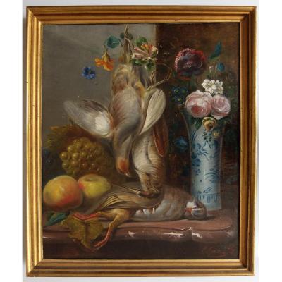 Neo-flemish Still Life, 19th Century, Trophy Of Birds, Signed M. Garon 1859