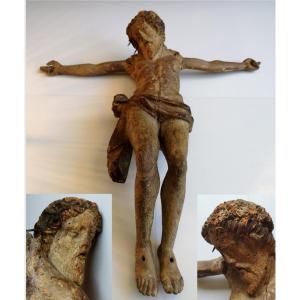 XVI ° Important Christ Carved Wood Polychromed Golden 53 Cm