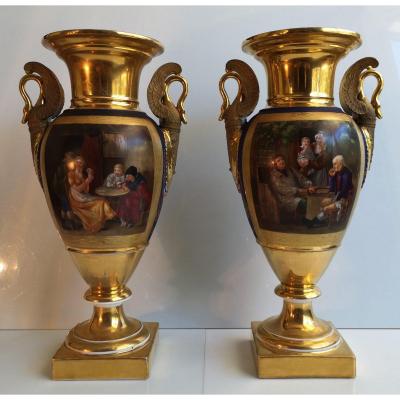 Debut XIX °  Pair Of Large Vases Paris Empire Period High: 37.5 Cm