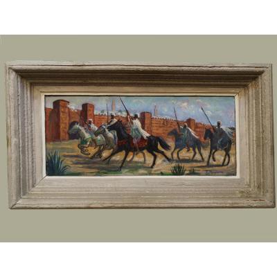 Solange Monvoisin 1911 - 1985 Fantasia Sous Les Remparts De Rabat Oil On Reinforced Canvas