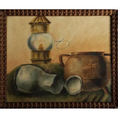 Raf Steed Watercolor - Still Life With Oil Lamp 1925 - Belgian School