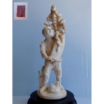 Japan - Ivory Okimono Artist In Small Roll Anime Characters 1920