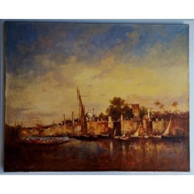 Hst Orientalist School XIX ° "sails In The Port, Mosque And Ramparts"