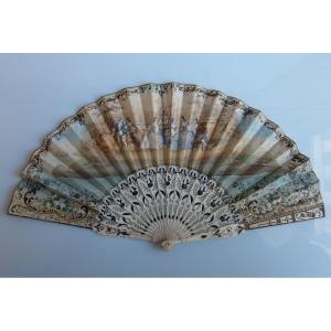 Fan Napoleon III In Ivory And Gouache Paper Of A Galante Country Scene