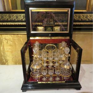 Napoleon III Black And Bronze Liquor Cellar Tantalus Box Golden Crystal 