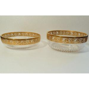 2 Large Table Center In Crsytal  Of Saint St Louis Thistle Gold Signed