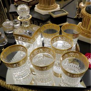 Whiskey Set Square Decanter With 6 Large Old Fashion Saint Louis Thistle Gold Crystal