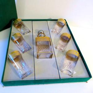 In Box Unused Saint Louis Thistle Gold Crystal Whiskey Set Square Bottle And 6 Tankards 14cm