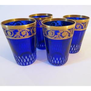 4 Saint Louis Thistle Gold Crystal Blue Tea Tumblers