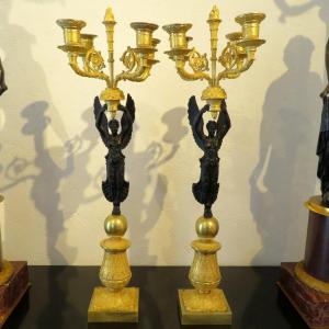 Pair Of Bronze Candelabra Empire Period Winged Victory 54 Cm Victoire Ailées