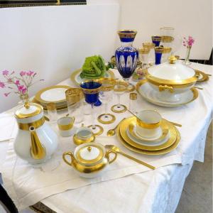 Haviland Saint Louis Thistle Gold Crystal And Porcelain Signed Set Service For 4