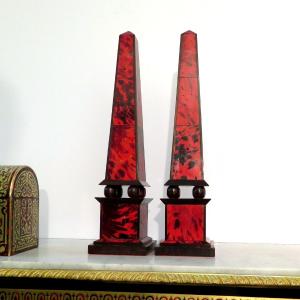 Pair Of Obelisks In Boulle Marquetry , Napoleon III Period