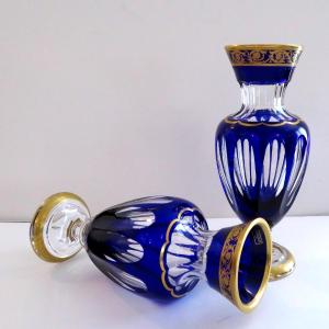 Pair Of Dark Blue Vase In Crystal St - Louis Thistle Gold Stamped