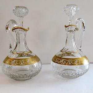 Pair Of Wine Decanter With Handle In Crystal Saint - Louis Thistle Gold Stamped