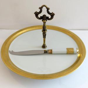 Cheese Platter And Cheese Knife In Porcelaine Of Limoges Thistle Gold Haviland