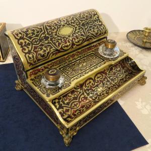 Stamped Bassy Inkwell Brass Marquetry Boulle Crystal Inkwell Napoleon III Period